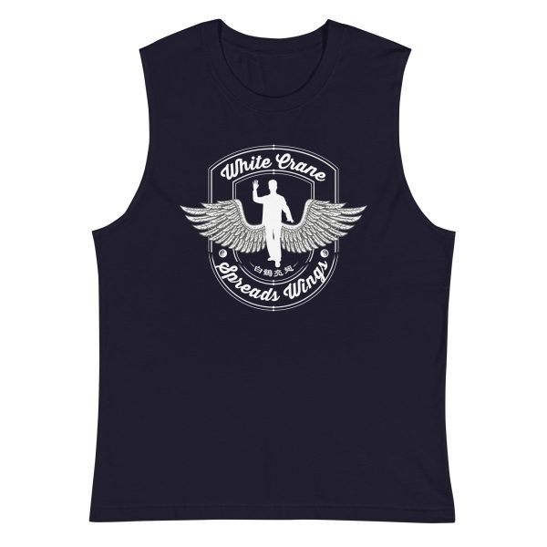 unisex-muscle-shirt-navy-front-62cba4397bdab.jpg Tai Chi White Crane Spreads Wings Unisex Tank Top