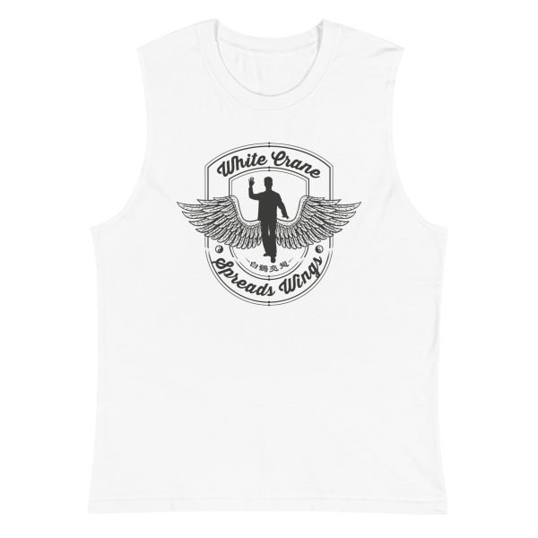 unisex-muscle-shirt-white-front-62cba4f743e42.jpg Tai Chi White Crane Spreads Wings Unisex Tank Top