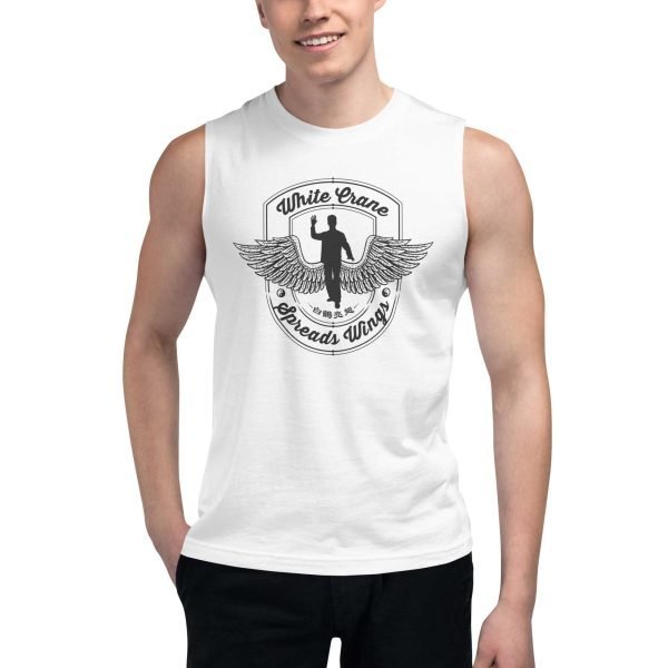 unisex-muscle-shirt-white-front-62cba6492a23f Tai Chi White Crane Spreads Wings Unisex Tank Top