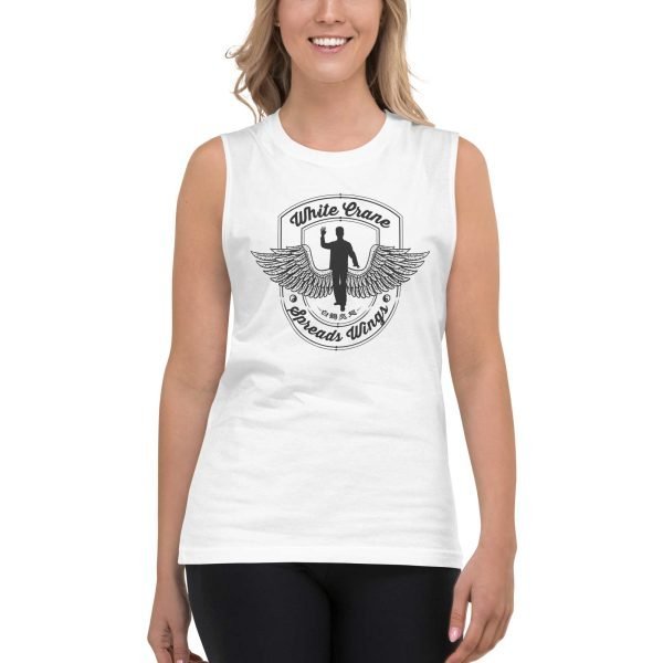 unisex-muscle-shirt-white-front-62cba6492a459 Tai Chi White Crane Spreads Wings Unisex Tank Top