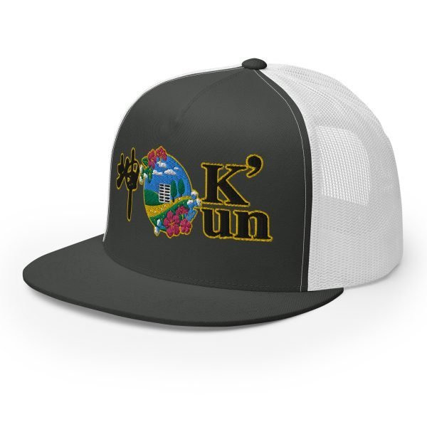 5-panel-trucker-cap-charcoal-white-left-front-65f2998b7776d.jpg I Ching Trucker Cap